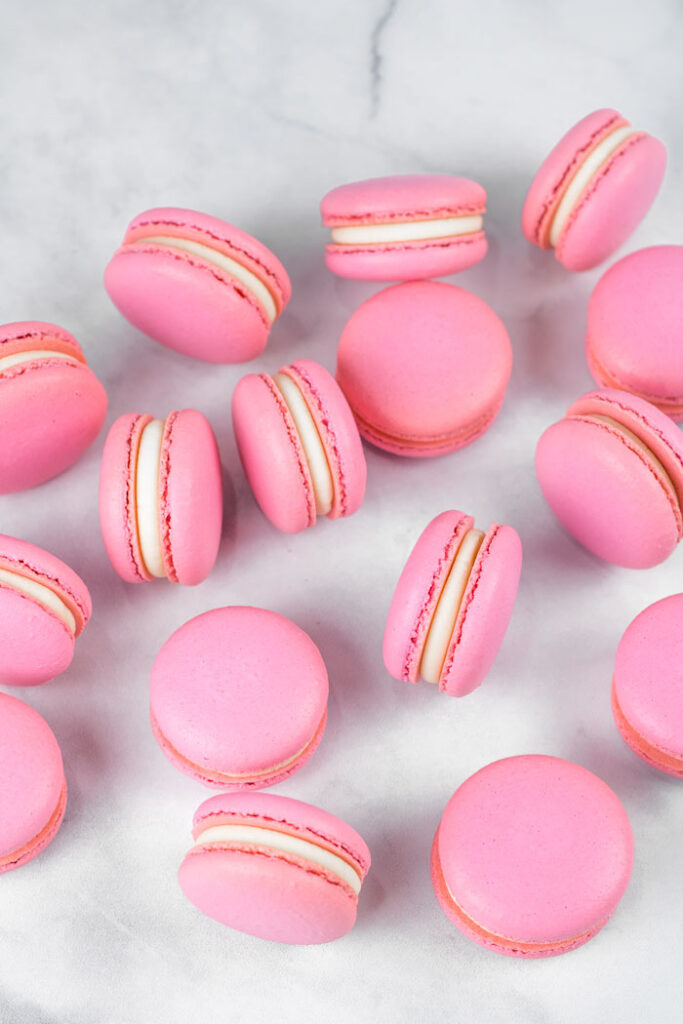 pink macarons with vanilla buttercream on marble background
