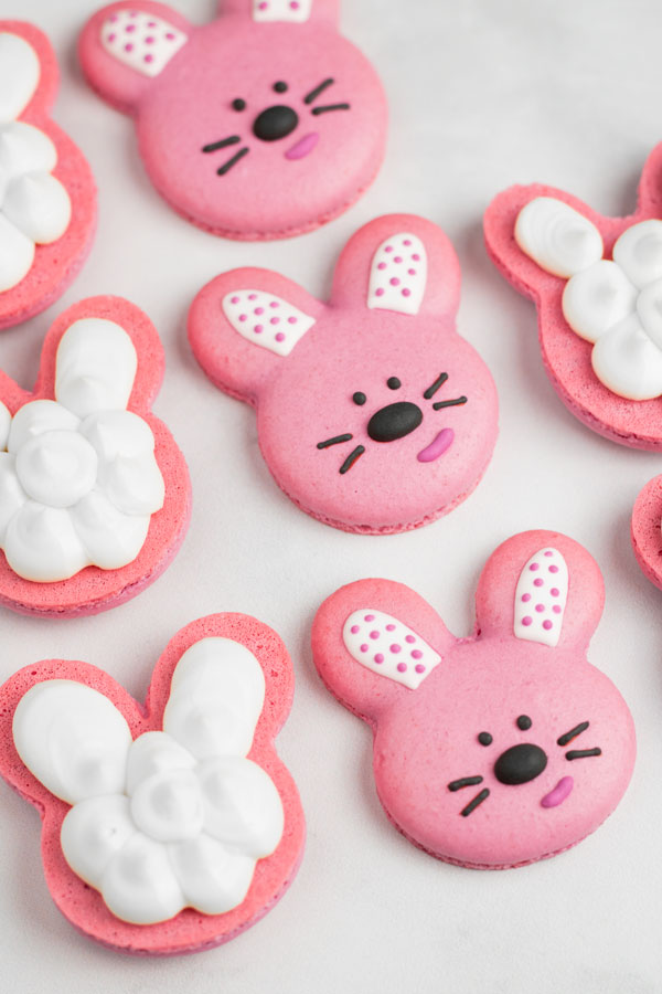 pink bunny macaron shells with vanilla buttercream