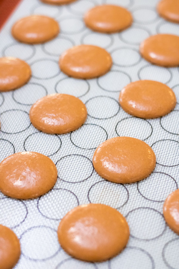 chocolate macaron shells on silicone mat