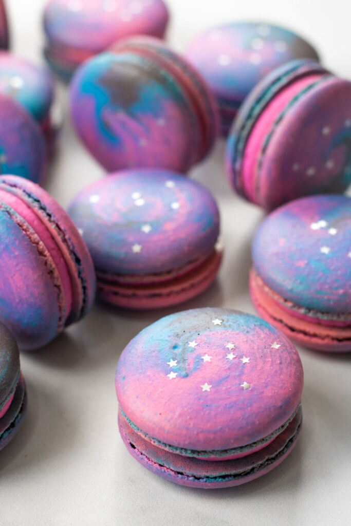 galaxy macarons with silver glitter stars