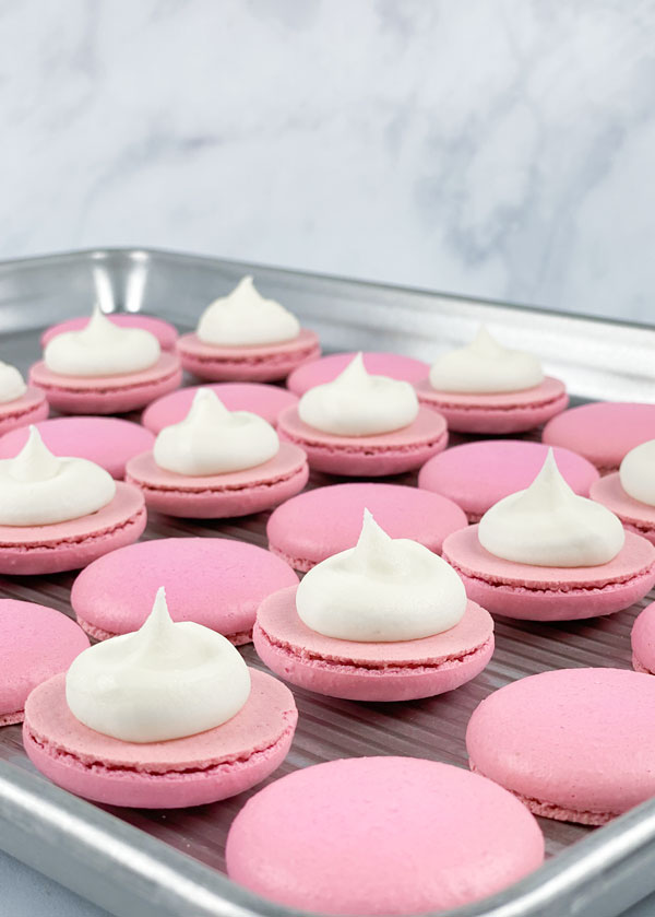 pink macarons with cream cheese buttercream on baking tray