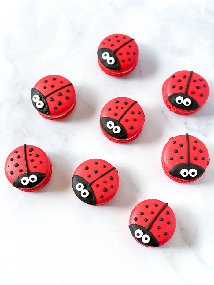 red ladybug macarons with white background