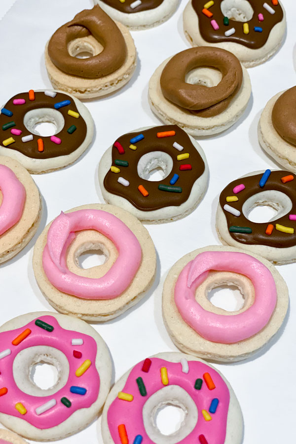 donut macarons with pink and brown filling