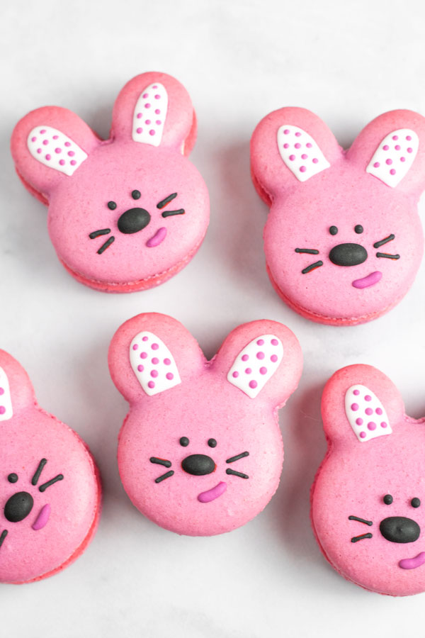 pink bunny macarons with royal icing decorations