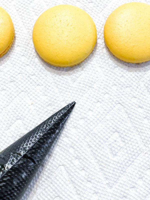 yellow macaron shells and black royal icing bag