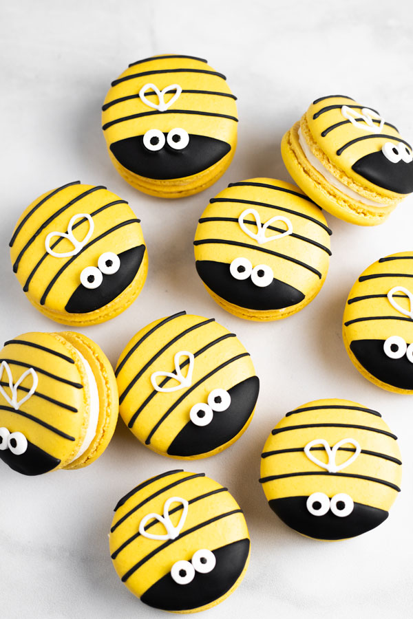 yellow honey macarons decorated like bees