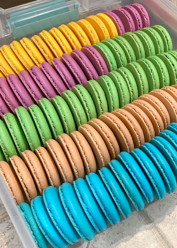 rows of yellow, pink, green, brown and blue french macaron shells in plastic container