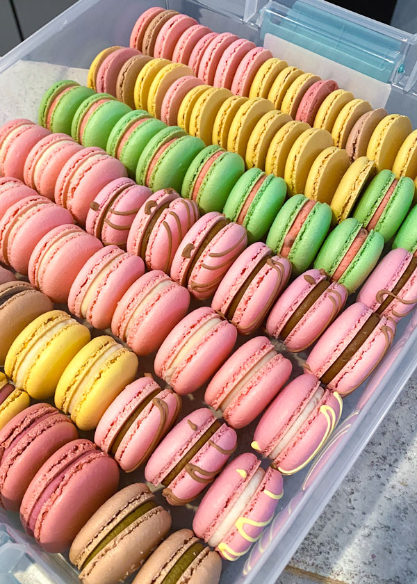yellow, green and pink french macarons in plastic box