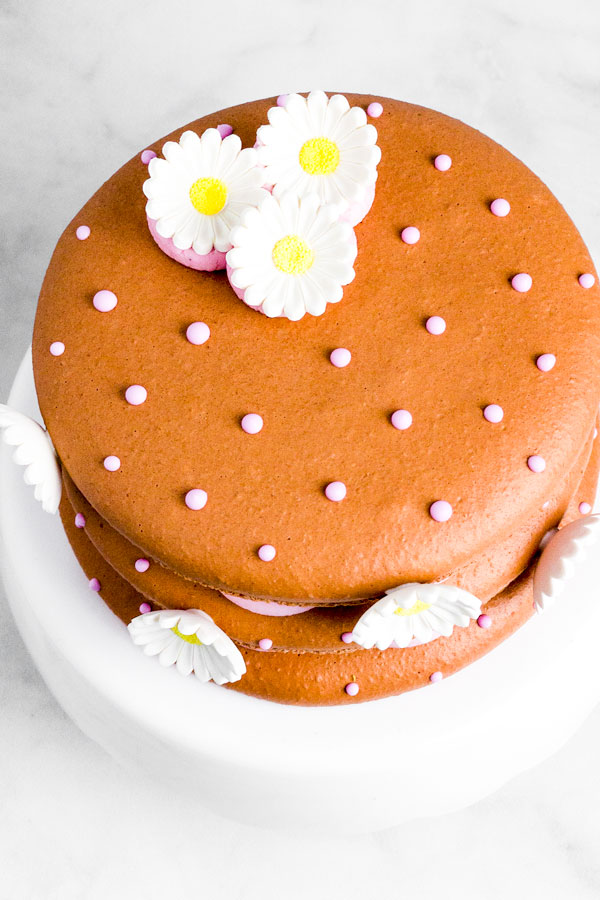 brown macaron cake with polka dots and daisy flowers