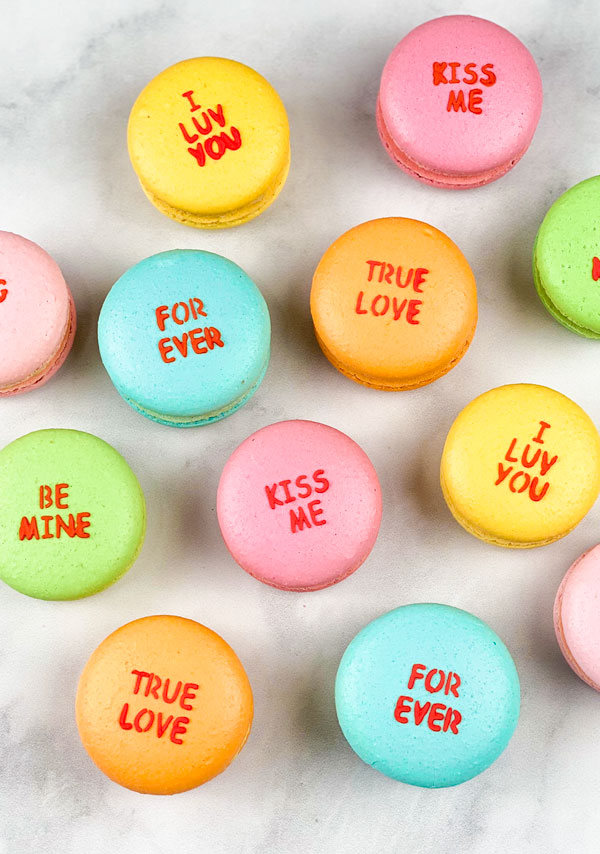 colorful valentines conversation macarons