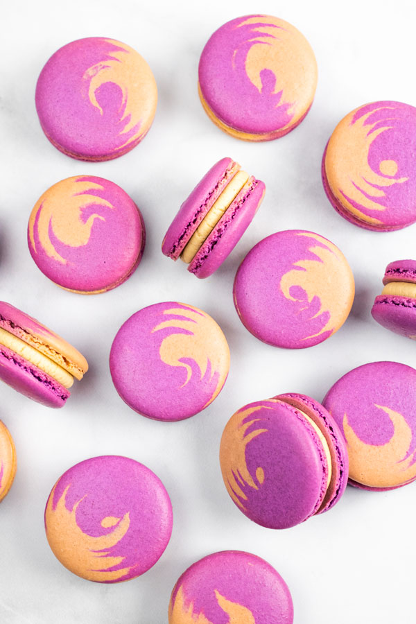 Purple and brown swirl peanut butter and jelly macarons