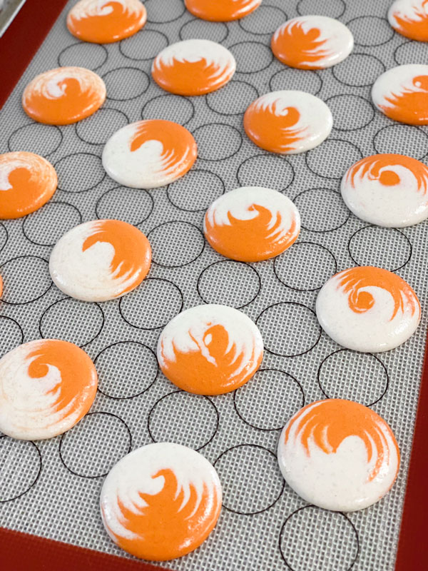 orange and white swirled pumpkin cheesecake macarons on baking mat