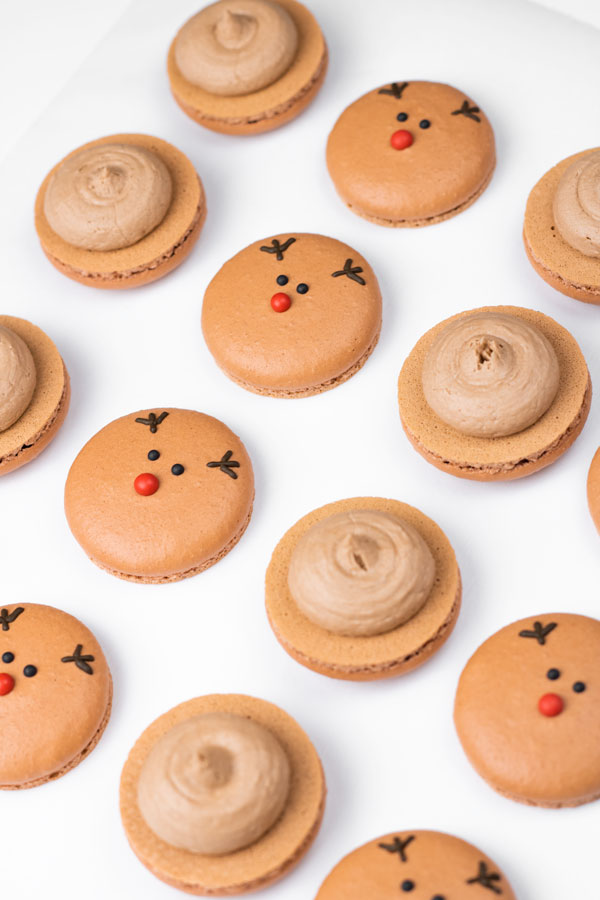 reindeer macaron shells with chocolate buttercream