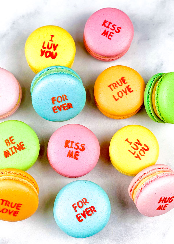 colorful valentines conversation heart macarons